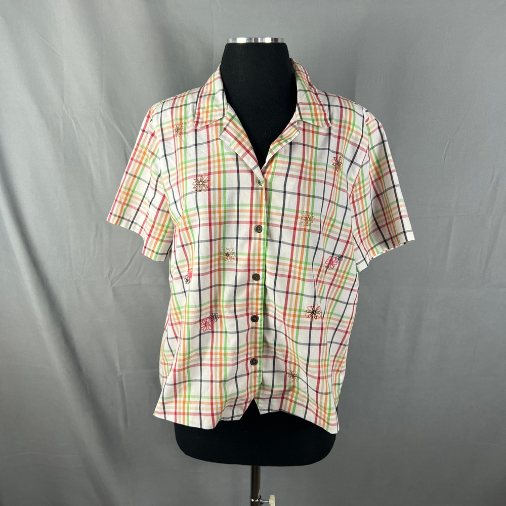 Alfred Dunner Shirt Womens 12 Multi Plaid Delicate Floral Embroidery Button Up